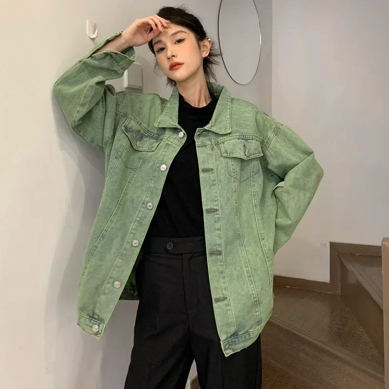 2025 New Korean Green Washed Denim Jacket Women Harajuku Loose Jeans Jacket Female High Street Fashion Button Coats