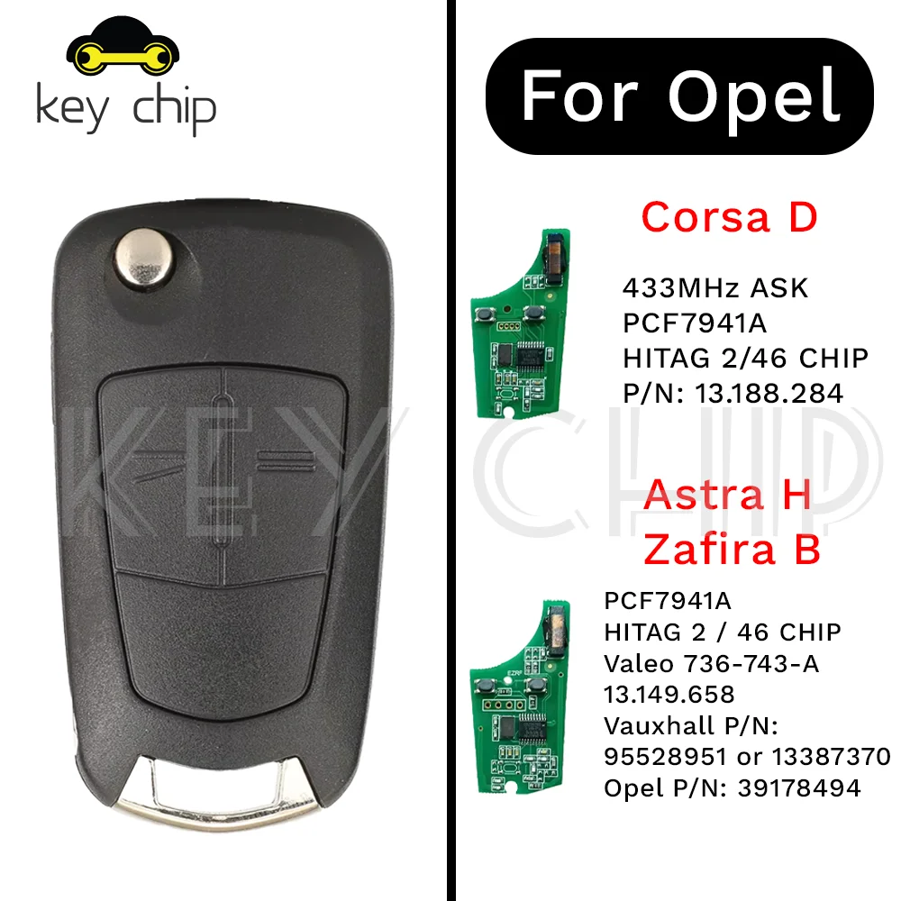 Corsa D Astra H For Zafira B 13.188.284 Flip Remote Key For Opel / Vauxhall 433MHz ASK PCF7941A / HITAG 2 / 46 CHIP