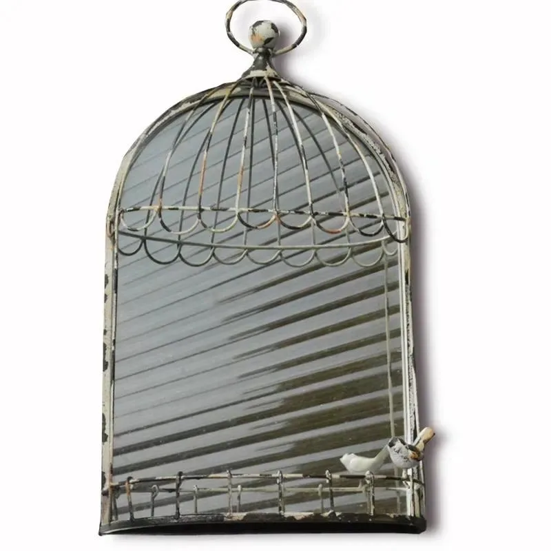 Vintage Country Style Metal Birdcage Wall Mirror Decorative Hanging Window Mirror for Outdoor Garden Balcony Home Decoration
