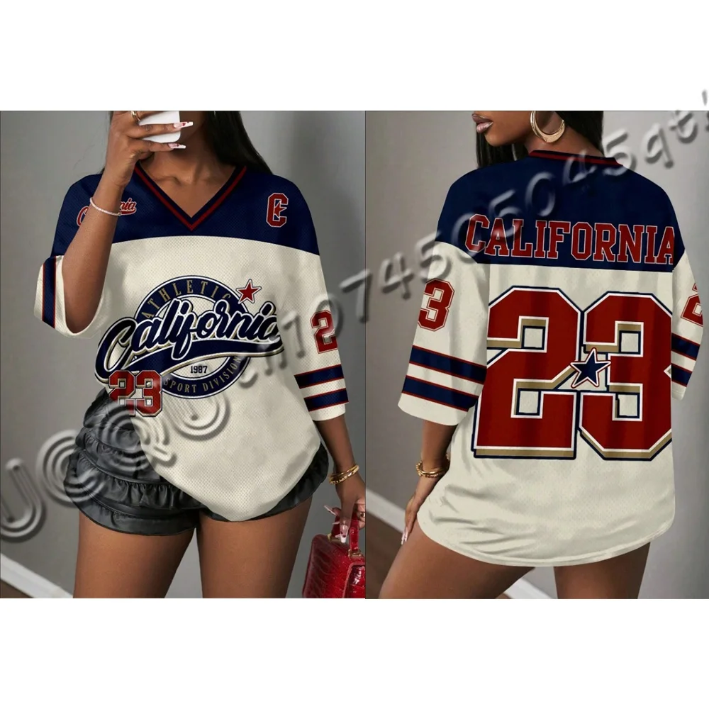 Damen CALIFORN Print V-Ausschnitt Kurzarm Loch T-Shirt Sommer Grafik T-Shirt Baseball Trikots Plus Size Herren Sport T-Shirt
