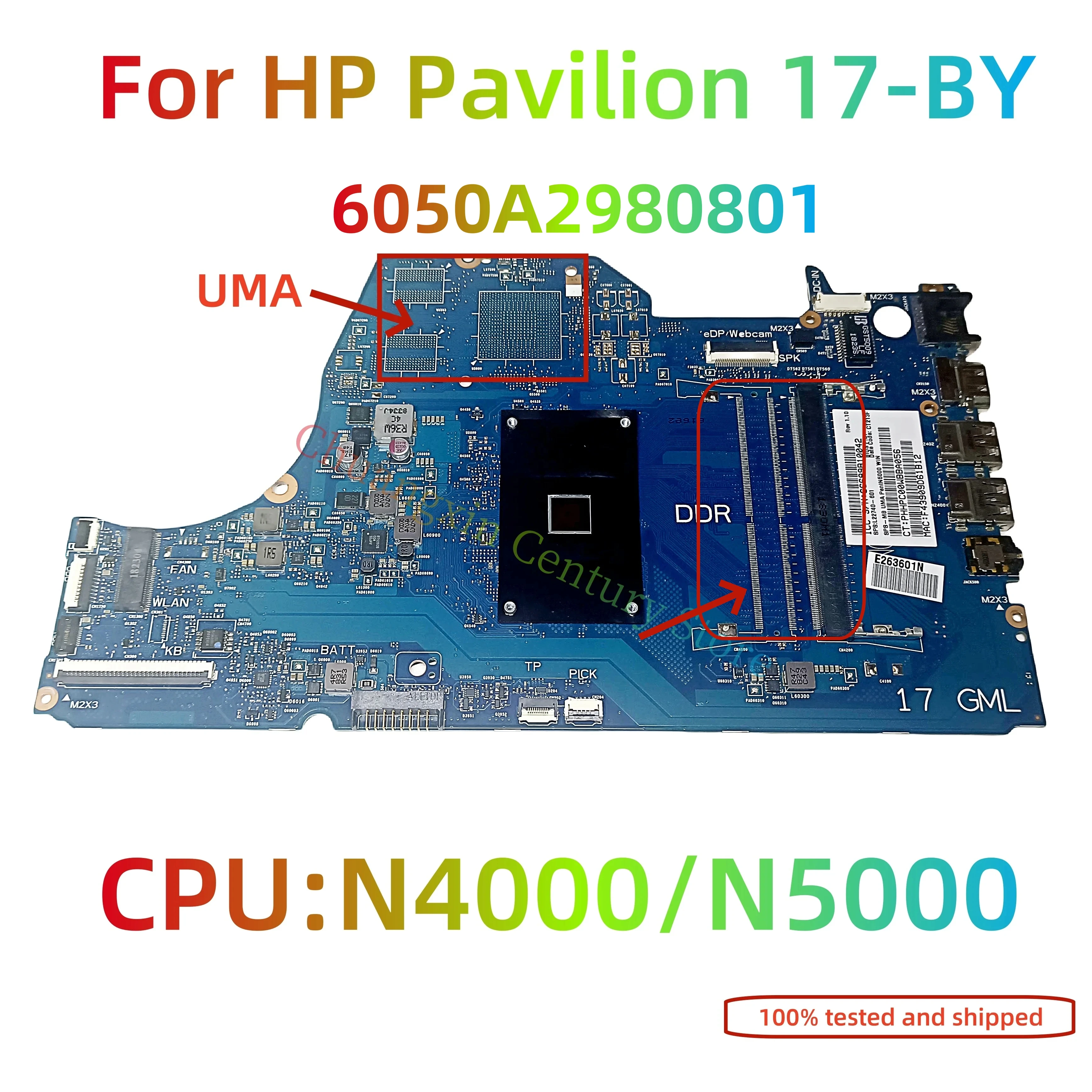 

6050A2980801-MB-A01 motherboard suitable for HP Pavilion 17-BY laptop N4000 N5000 CPU UMA 100% tested and shipped