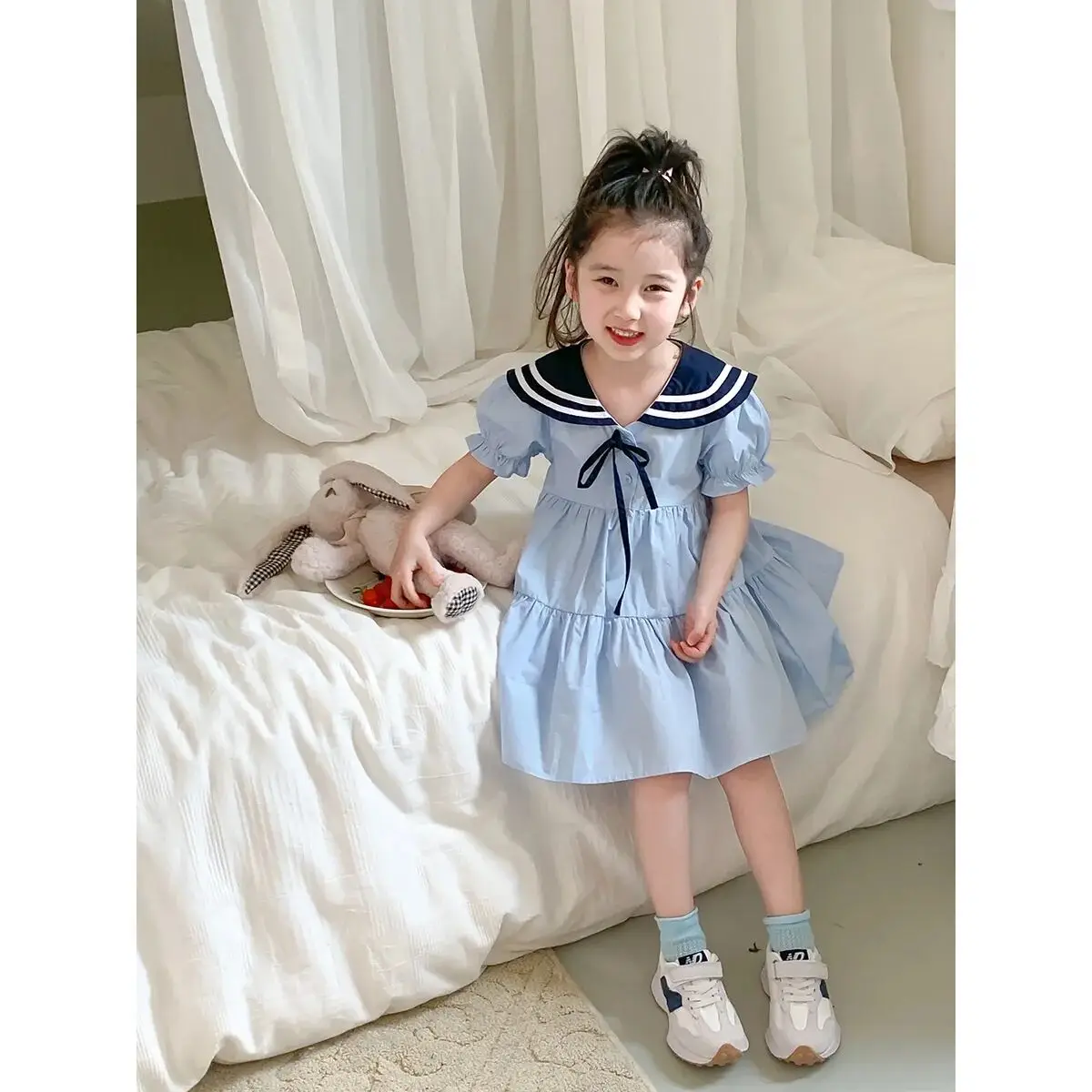 

Girls' Dress Summer New Children's Academy Style Navy Collar Princess Dress Baby Short Sleeve Fashionable Skirt