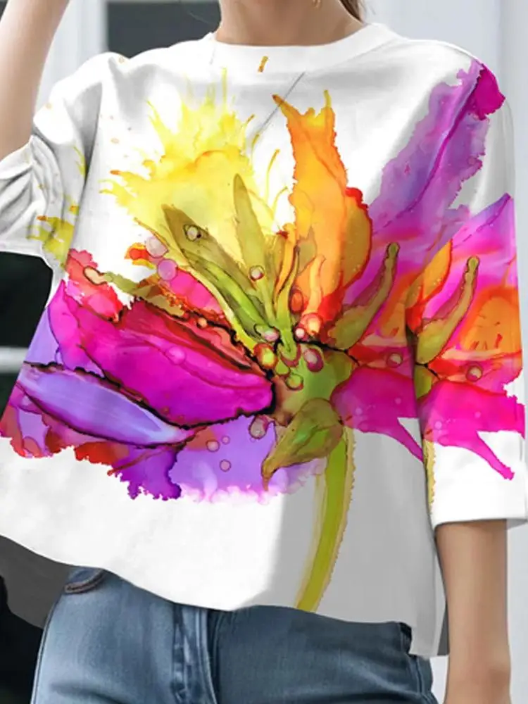 Imagem -02 - Acy-camiseta Feminina Estampada com Flor Solta com Gola Redonda Roupas da Moda Tops de Cores Contrastantes Mangas Novo Primavera 2023