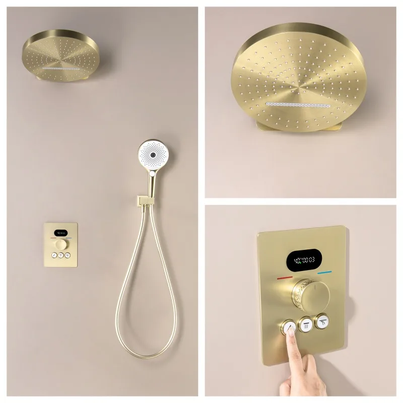 

Wall Mounted Smart Thermostatic Shower Set Full Copper Concealed High End Gunmetal Brushed Gold