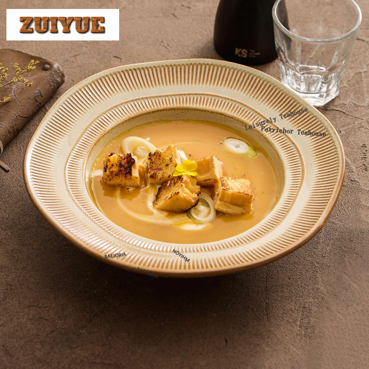 HOYIHM Kiln Fambe Ribbed Hat Plate Stylish Plate Retro Household Deep Plate Soup Plate Ceramic Serving Plate Western Tableware