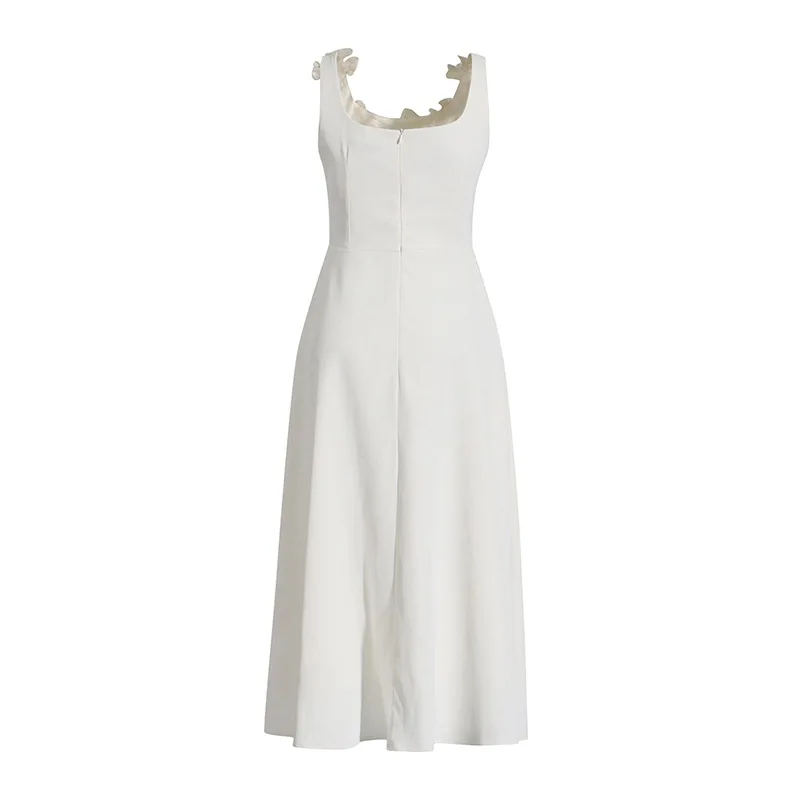 

Flower Appliques Women White Dress Elegant O-Neck Sleeveless A-Line Dresses