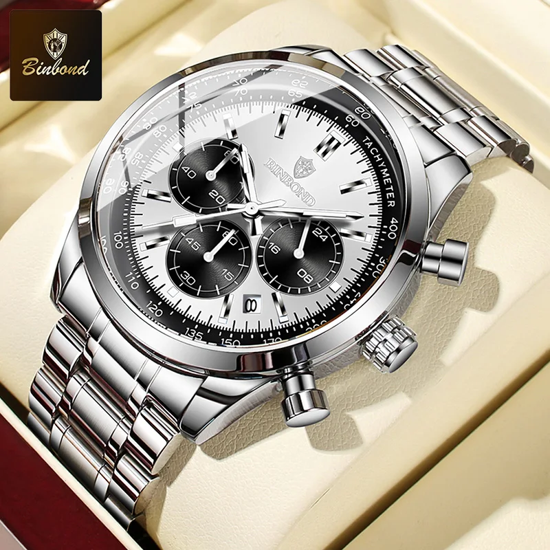 ساعات BINBOND من الفولاذ المقاوم للصدأ مقاومة للماء ومضيئة وتاريخ تلقائي ساعة يد عصرية للأعمال TimerLuxury ساعة كوارتز رجالية للرجال