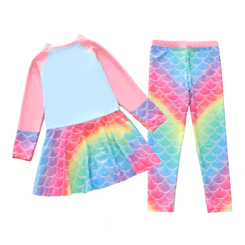 HappyFlute 2PCS/Set Mermaid Print Long Sleeve Dress Style Baby Girl Conservative Sunscreen Travel Swimsuit