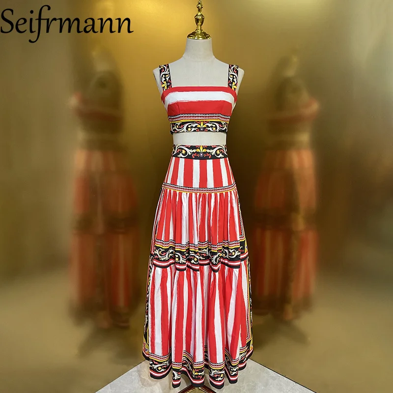 

Seifrmann 2026 Summer Women's New Fashionable Square Collar Sleeveless Cotton Printed Top+Long Half Skirt Two Piece Set