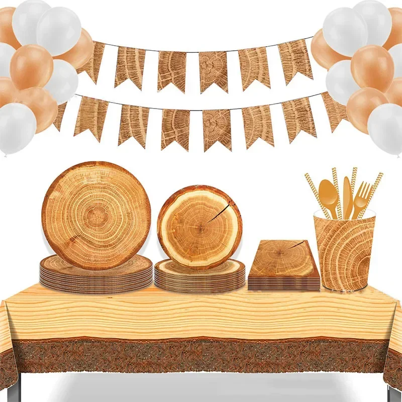 8Guests Creative Wooden Grain Disposable Tableware Set Paper Plate Cup Napkin Happy Birthday Party Decor Kids Adults Favor