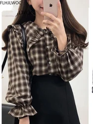 2022 Cotton Blends Basic Shirts Blouses Women Japan Preppy Style Design Ruffled Tops Ruffled Peter Pan Collar Plaid Button Shirt