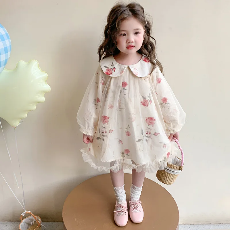 

Girls' Spring Dress2025New Style Children's Rose Tulle Dress Fashionable Girl Baby Stylish Princess Dress
