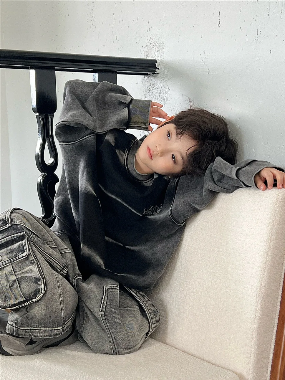 

2025 Autumn Children's Hoodie Trendy Style Wash off Pattern Boys' Middle and Large Children's Inner Hoodie, Children's Clothing