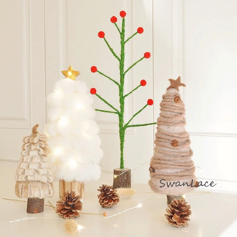 

Wool felt, plush pine tree, colored wooden base Christmas tree ornaments