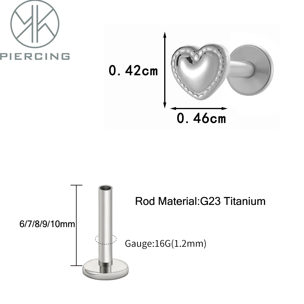 ASTM F136 التيتانيوم 16 جرام شكل قلب Labret الشفاه الغضروف قرط الاذن المرصع اللولب الزنمة محارة ثقب الأذن مجوهرات للجسم مع صندوق هدية