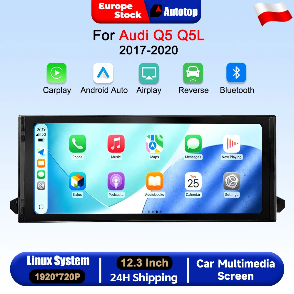 AUTOTOP, système CarPlay sans fil et Android Auto, écran tactile multimédia de 12,3 pouces, résolution 1920 x 720p, système d’information et de divertissement pour voiture Linux, compatible avec Audi Q5 et Q5L (2017-2020), avec Airplay, Autolink, Mirror Link, Wifi, Bluetooth et GPS.