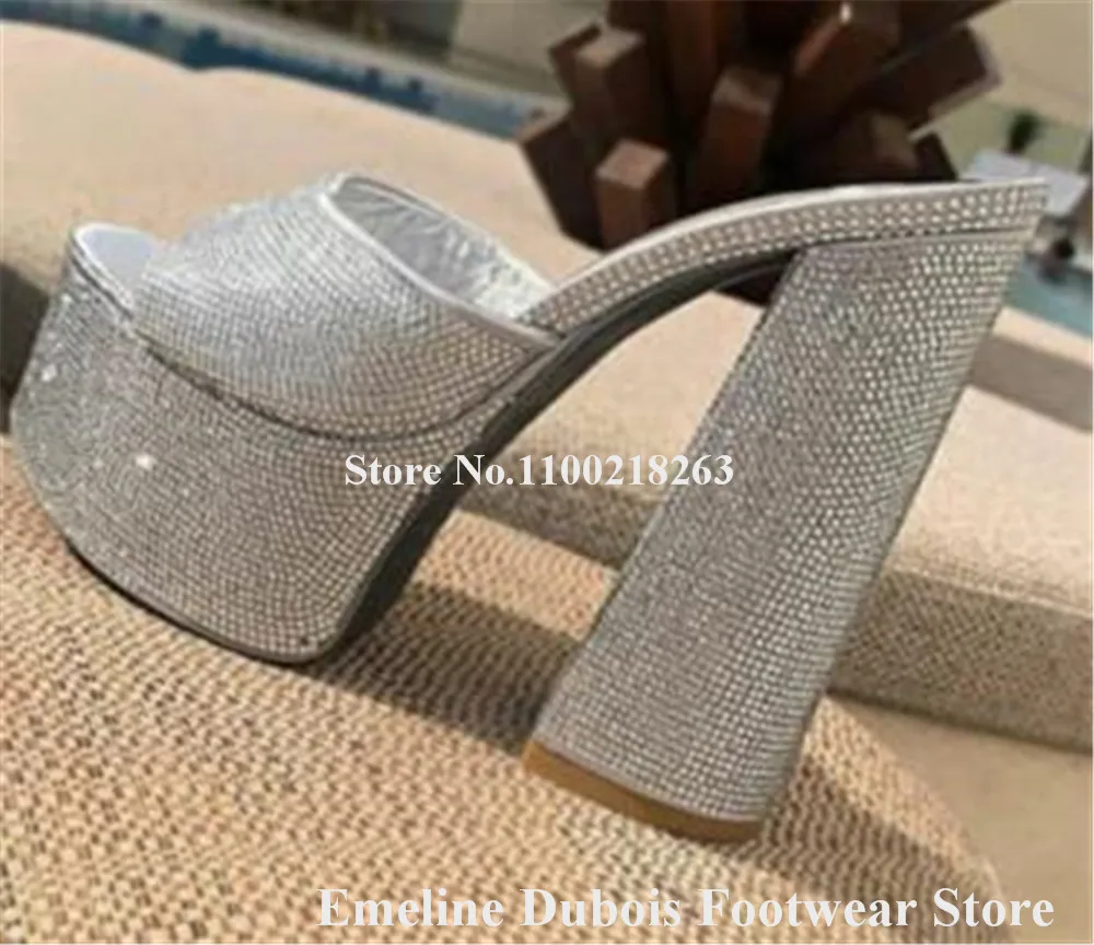 Bling Bling Silver Rhinestones Chunky Heel Slippers Emeline Dubois Peep Toe High Platform Crystals Sandals Sexy Wedding Pumps