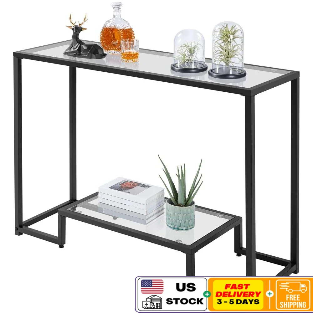 

Modern Glass Console Table Entryway Storage Display Table Living Room Multifunctional Iron Frame Tempered Glass Indoor Table
