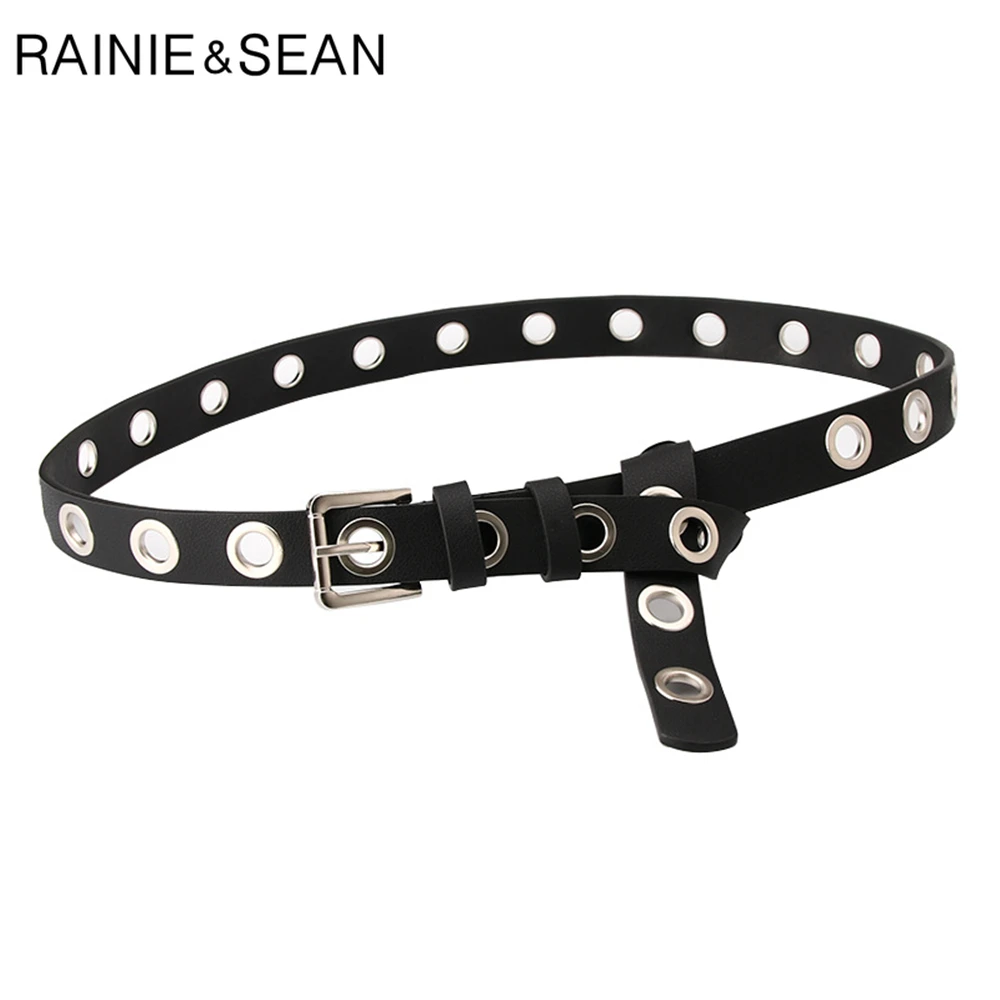 

RAINIE SEAN New Design Black Women Belt Punk Rock Many Holes Ladies Waist Belts Pin Buckle Leather Belt for Trousers Ladies