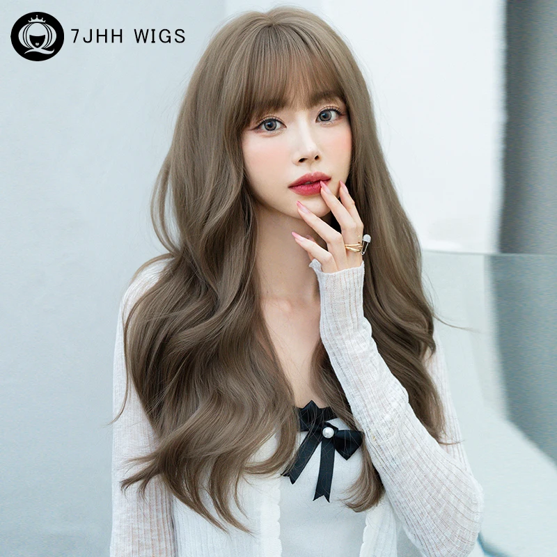 

7JHH WIGS High Density Synthetic Body Wavy Wigs with Fluffy Bangs Long Loose Cool Brown Hair Wig for Women Beginner Friendly