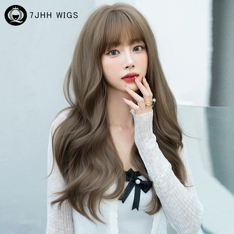 7JHH WIGS High Density Synthetic Body Wavy Wigs with Fluffy Bangs Long Loose Cool Brown Hair Wig for Women Beginner Friendly