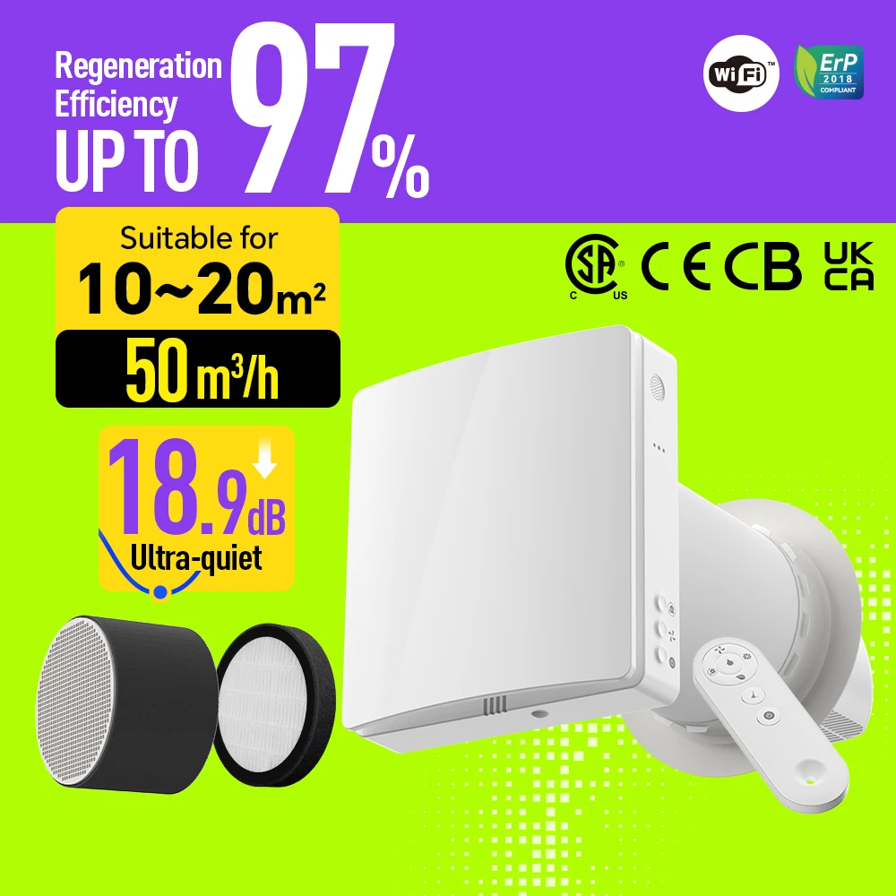 Wireless Multi-Function Remote Ductless Thru Wall Energy Recovery Ventilator Single Room Erv Wall Home Ventil Air