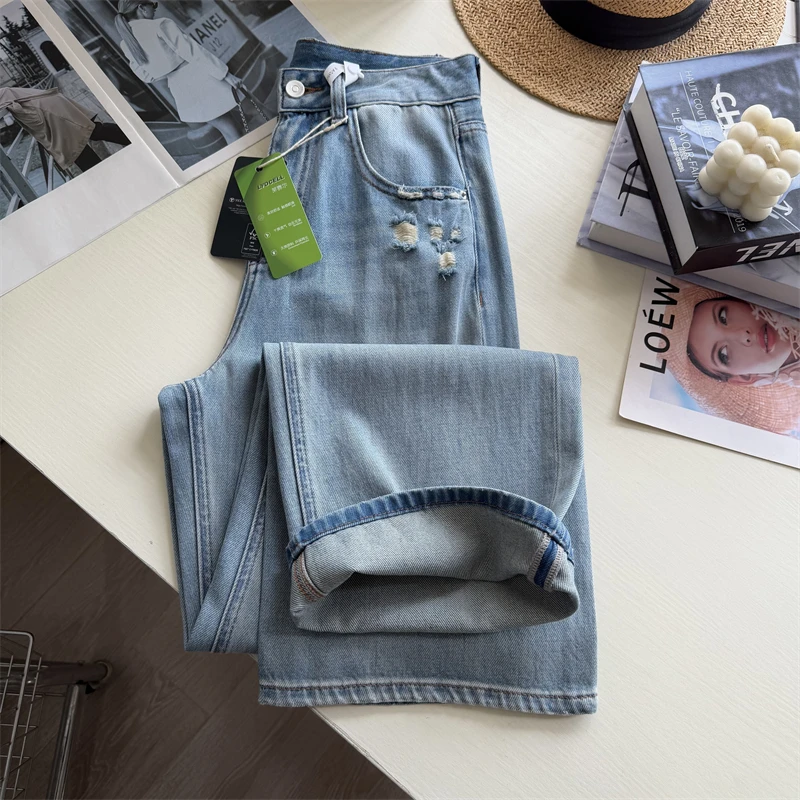 Vaqueros de mezclilla azules rasgados de moda para mujer, estilo streetwear, finos, holgados, de pierna ancha, largos hasta el suelo, para primavera y verano.