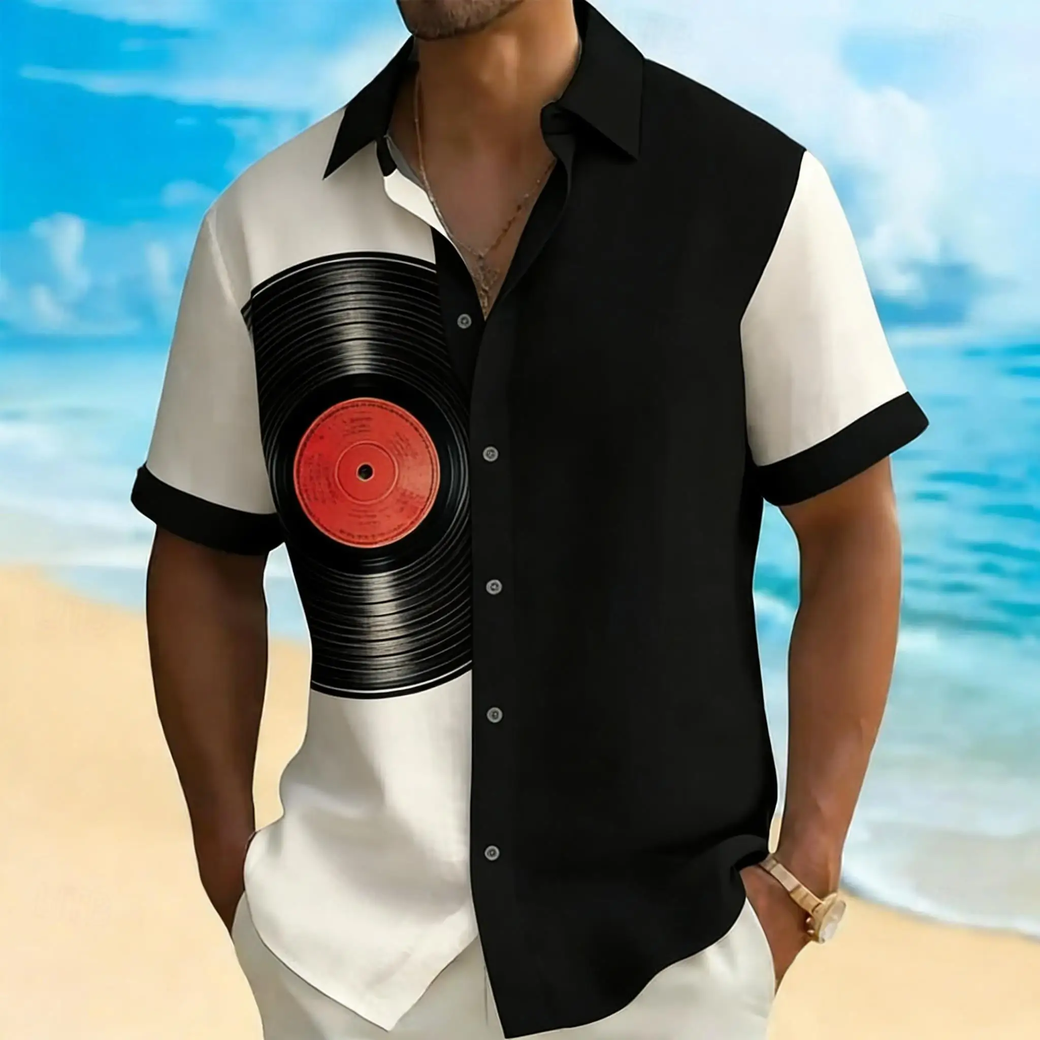 Men's Split Black and White Short Sleeve Shirt, Retro Print Button Down for Spring Summer Casual & Music Lovers