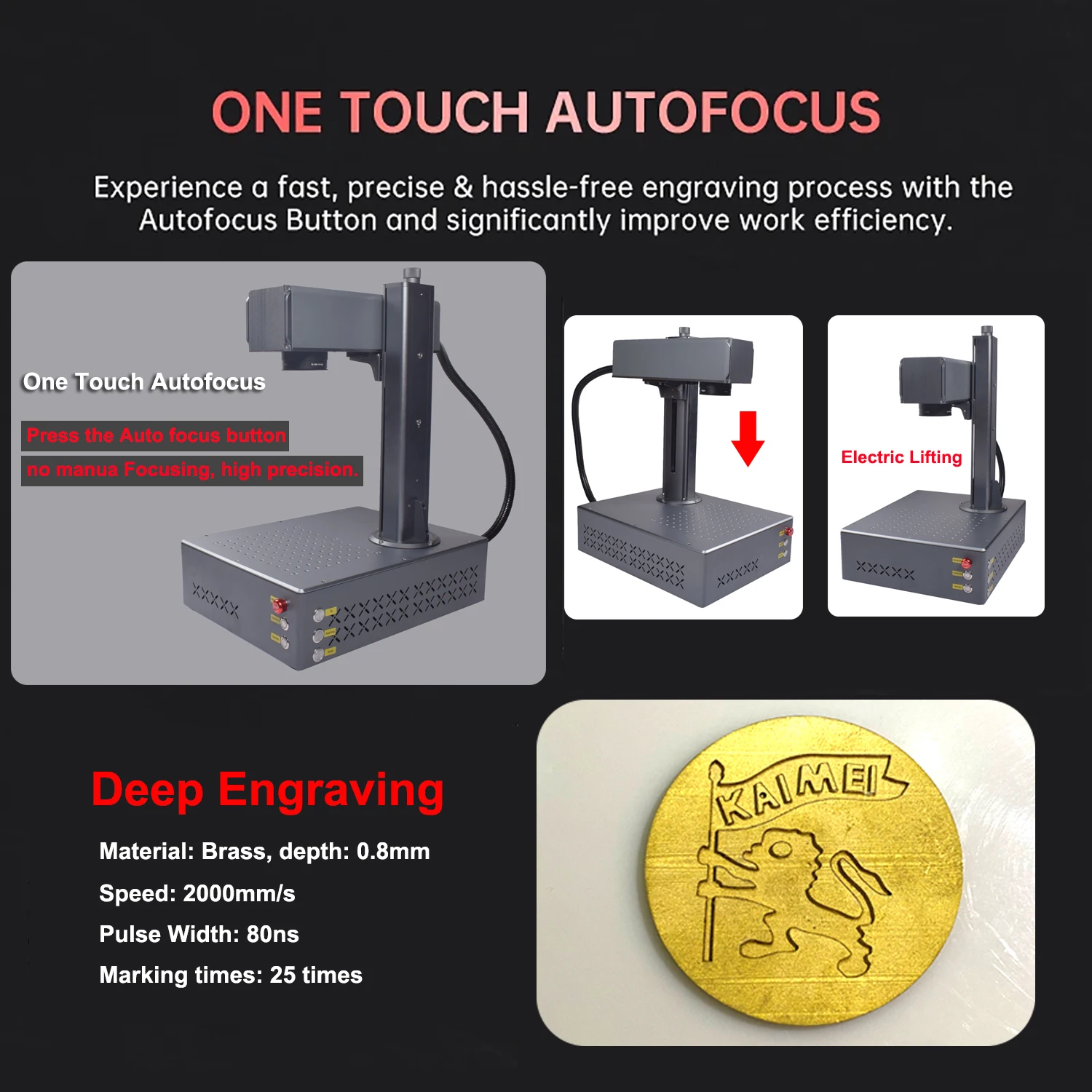 เครื่องแกะสลักเลเซอร์ไฟเบอร์ JPT Mopa 60W/100W แบบออโต้โฟกัส พร้อมระบบยกไฟฟ้า Zaxis ขนาดเลนส์ 175x175 มม.