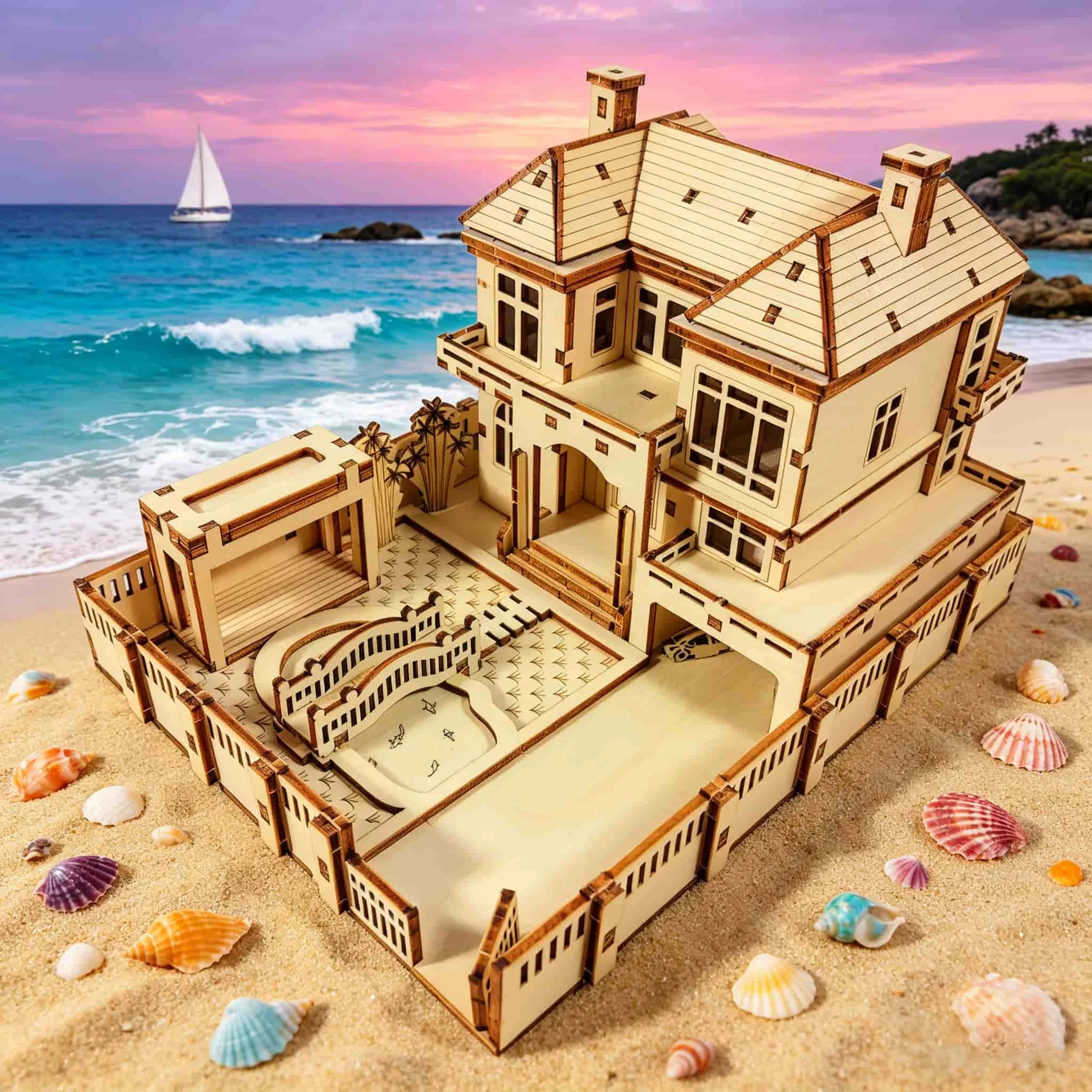 

3D Wooden Puzzle Beach House Model - DIY Seaside Villa Assembly Kit, Unique Home Decor & Collectible Gift