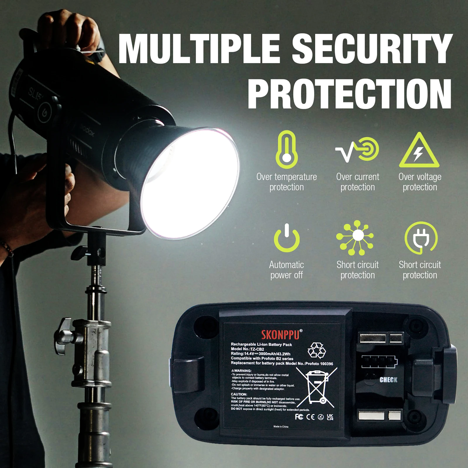 Skonppu paket baterai Li-Ion isi ulang 100396 untuk Profoto B2 14.4V 3000mAh 36Wh