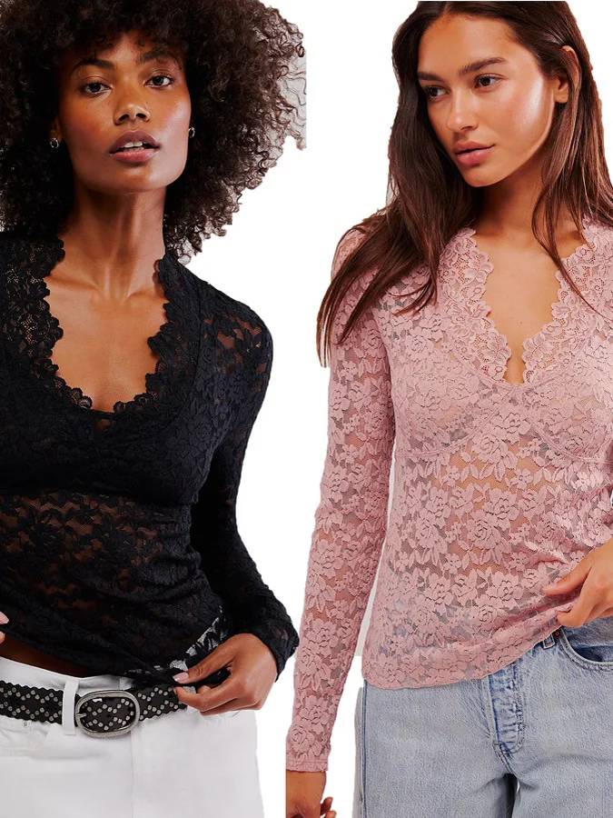 

Женская базовая блузка с кружевными вставками, длинным рукавом, V-образным вырезом, цветочным декором, дышащая, удобная, повседневная, модная