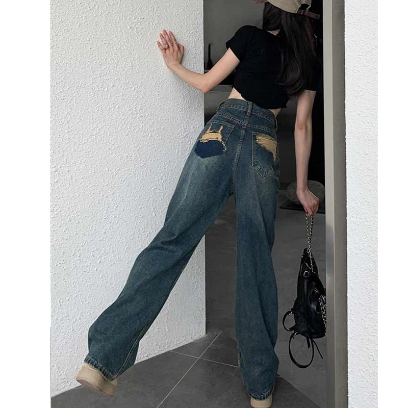 Jeans a gamba larga per donna Pantaloni a gamba dritta a contrasto a vita alta Pantaloni larghi da donna autunnali Streetwear