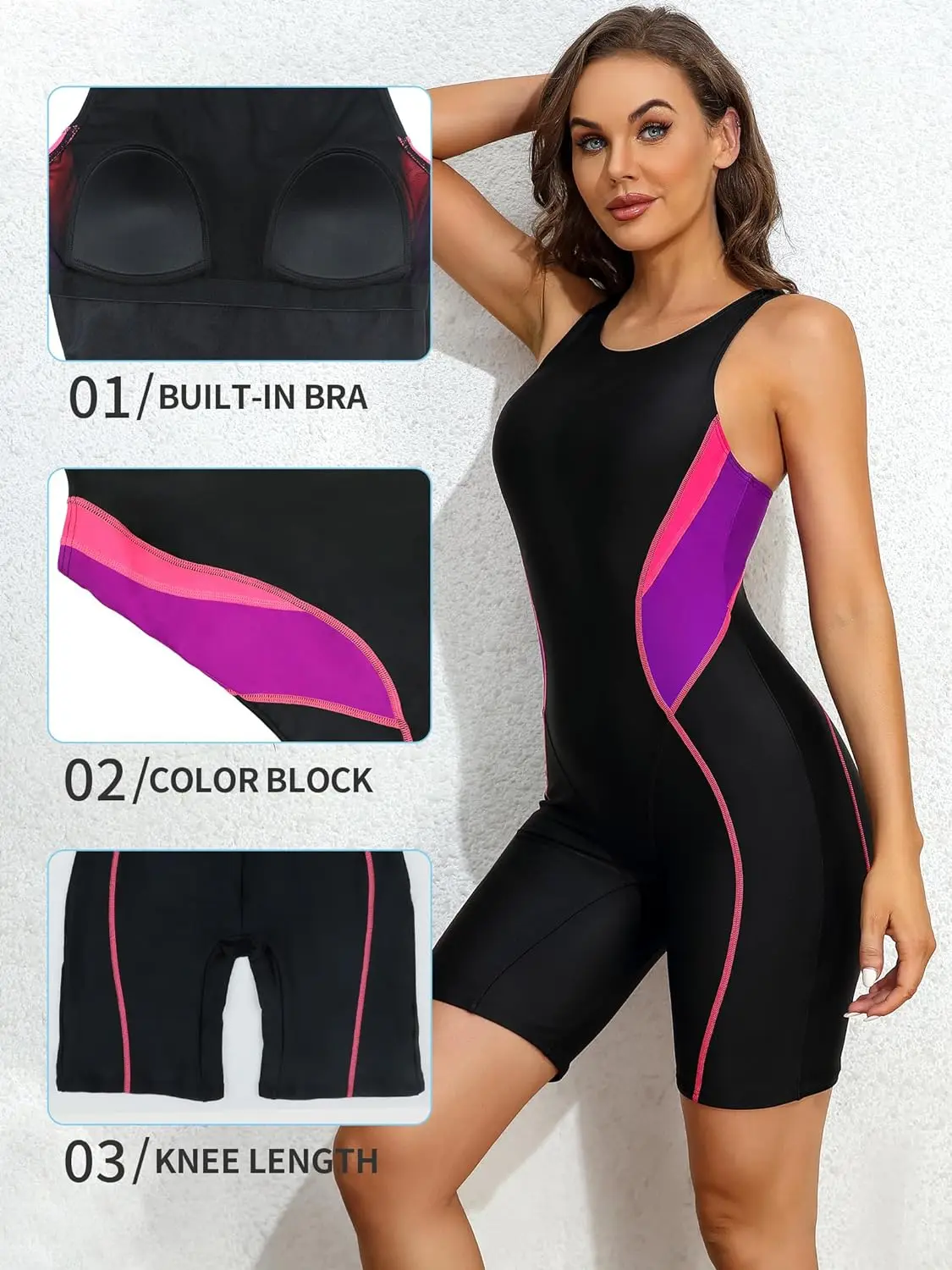 Attraco Women Sports One-Piece Swimsuit Color Block Professional Training Racerback  Boyleg U Neck Swimwear