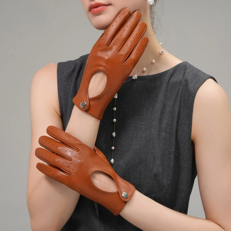 High Quality Women's Full Finger Leather Gloves Breathable Single-Layer Sheepskin Fashionable Short Motorcycle Riding Gloves