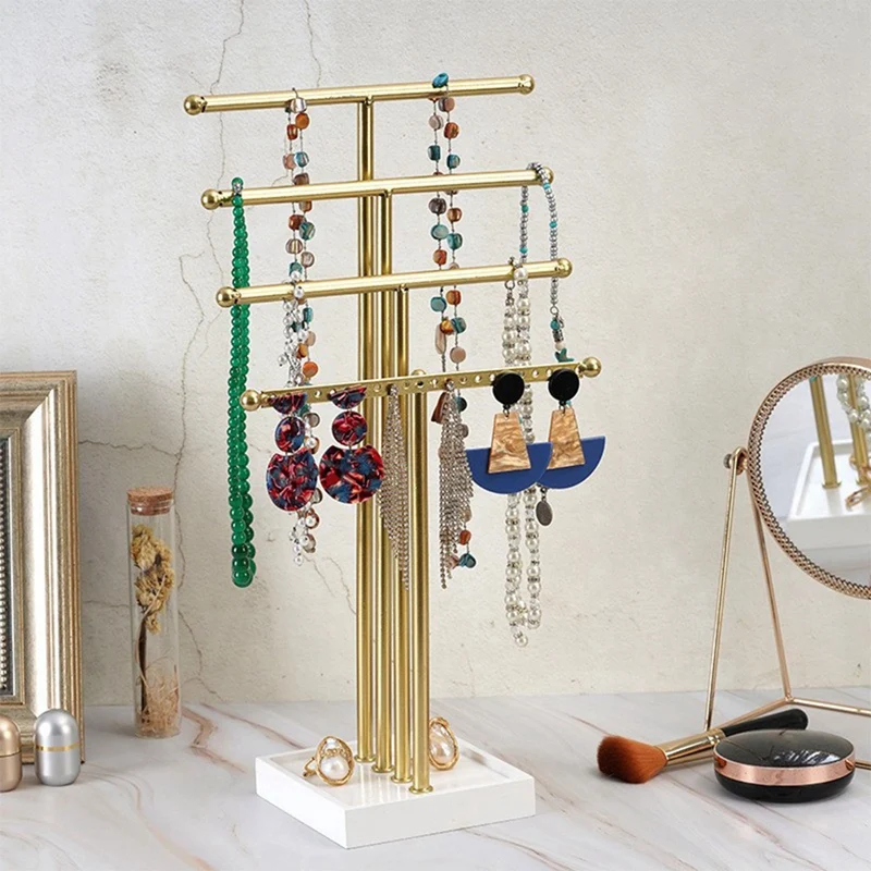 Gold 4 Tiers T-Shaped Jewelry Rack Earring Storage Rack Jewelry Display Rack For Girls To Organize