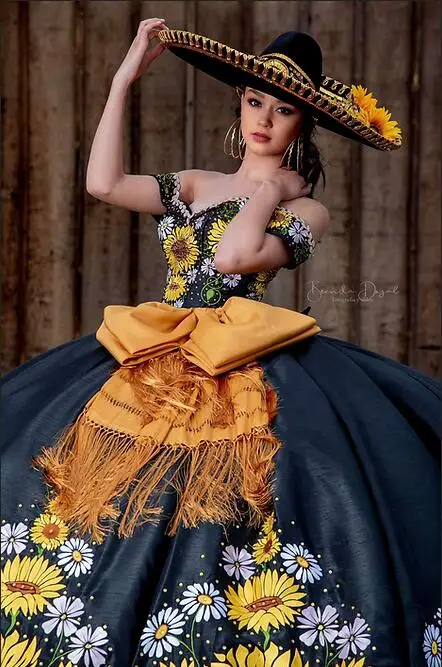 Preto charro quinceanera vestidos de baile fora do ombro cetim bordado inchado mexicano doce 16 vestidos 15 anos personalizado