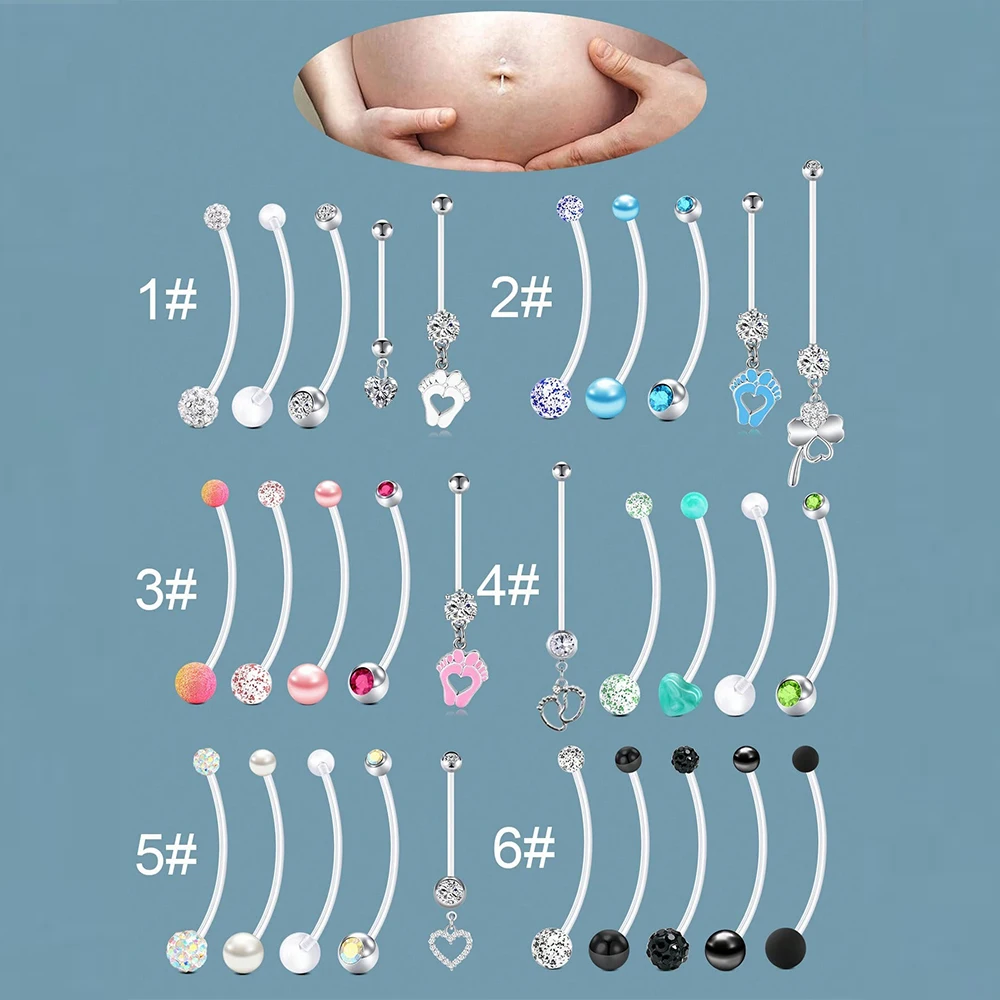 5pcs 14G Pregnancy Belly Button Ring Mix Style Flexible Clear Acrylic Pregnancy Navel Piercing Retainer Maternity  25-38mm