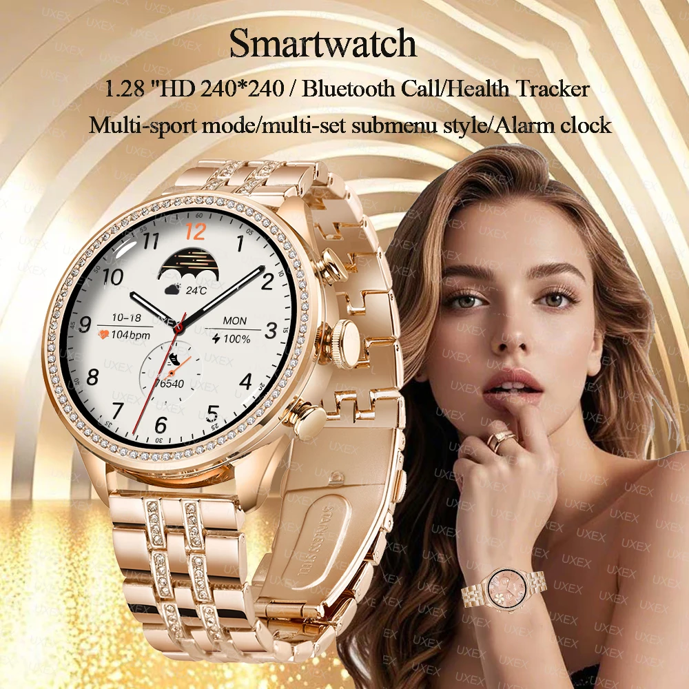 Mode Luxus Gold Frauen Smart Uhren Valentinstag Geschenk Diamant Armband Bluetooth Anruf Benachrichtigung Erinnerung Smartwatch Damen