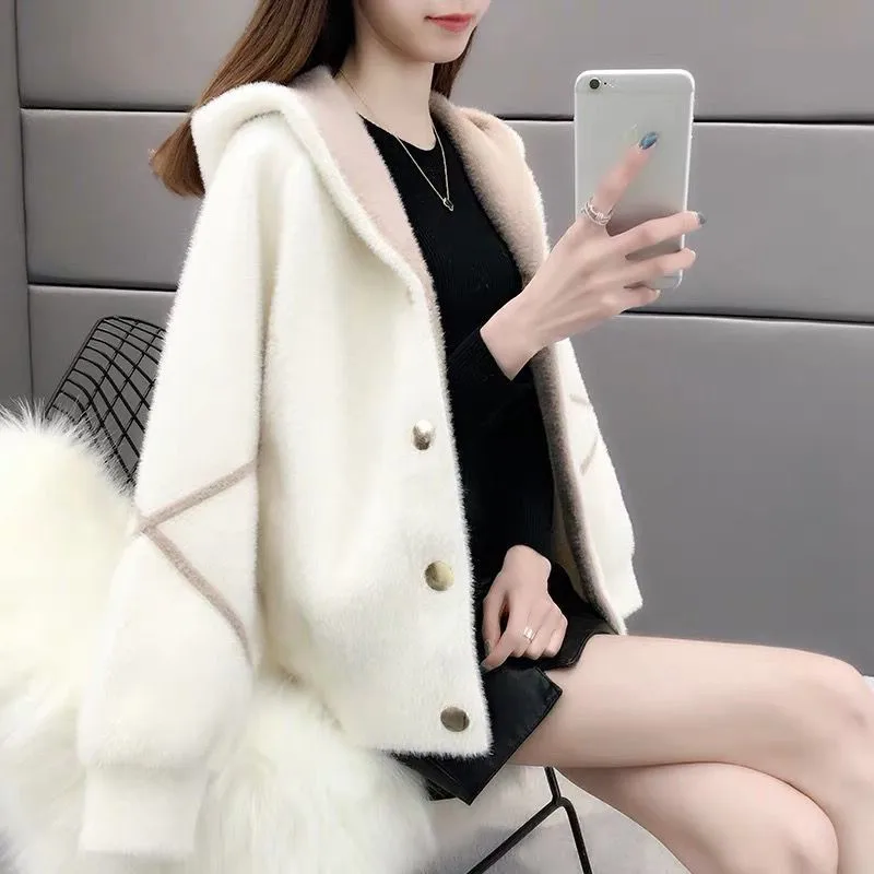 Woman Sweater Cardigan Korean Style Hooded Knitting Lantern Sleeve Stripe Fashion woman's Clothing Dropshipping RZ1030