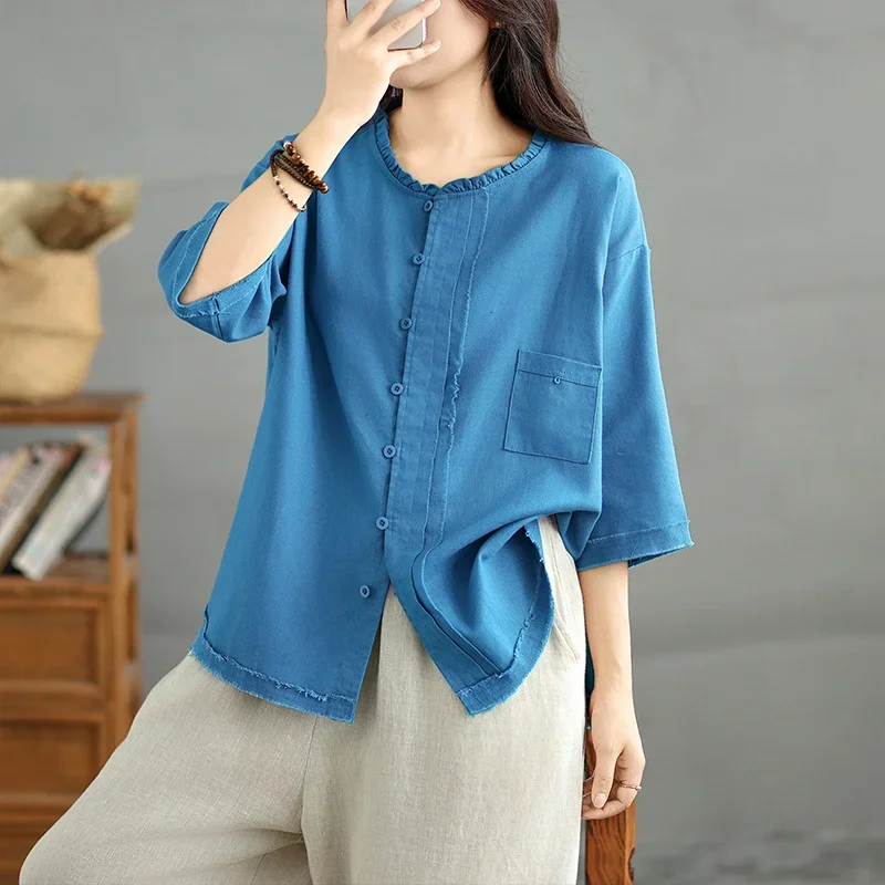 

Summer New Linen Retro Shirt Women Casual O Neck Half Sleeve Womens Blouse Single Breasted Hemp Loose Tops Large Size
