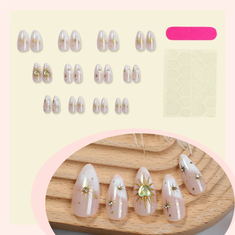 24pcs Heart-shaped Gemstone Press on Nail Sun Star Almond Artificial Fake Nails Seamless Removable False Nail