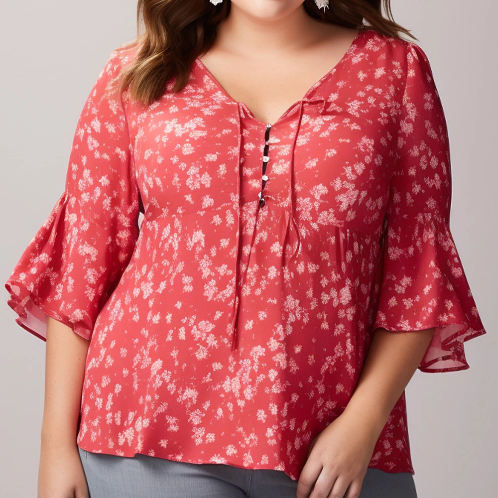 Plus Size Everyday Red Ditsy Floral Print Ruched 3/4 Flare Ruffle Sleeve Chiffon Blouse V-neck Tops