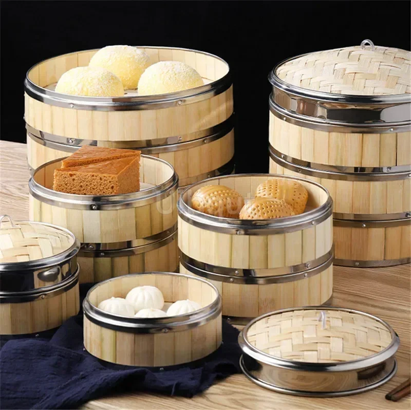 Bamboo Food Steamer basket with Stainless Steel Banding No Lid Bun Steaming Basket Dumplings DimSum Cage Cooker Kitchen Gadget