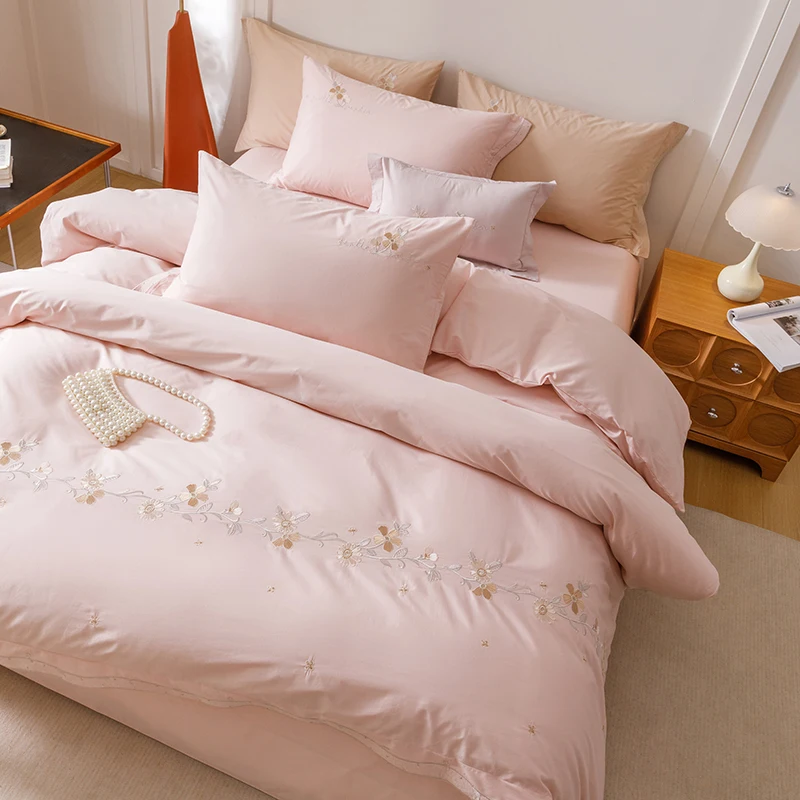 100% Cotton Flowers Embroidery Pink Bedding Set Double Queen King Size Washed Cotton Duvet Cover Set Bed Sheet Set Pillowcases