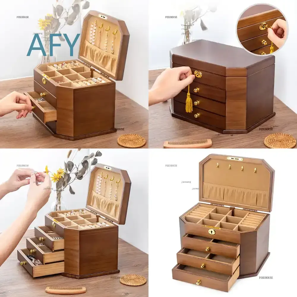 Display Earrings Necklace Jewelry Organizer for Wedding Birthday Gift Solid Wood Case Retro Rings Watch Storage Box with Lock