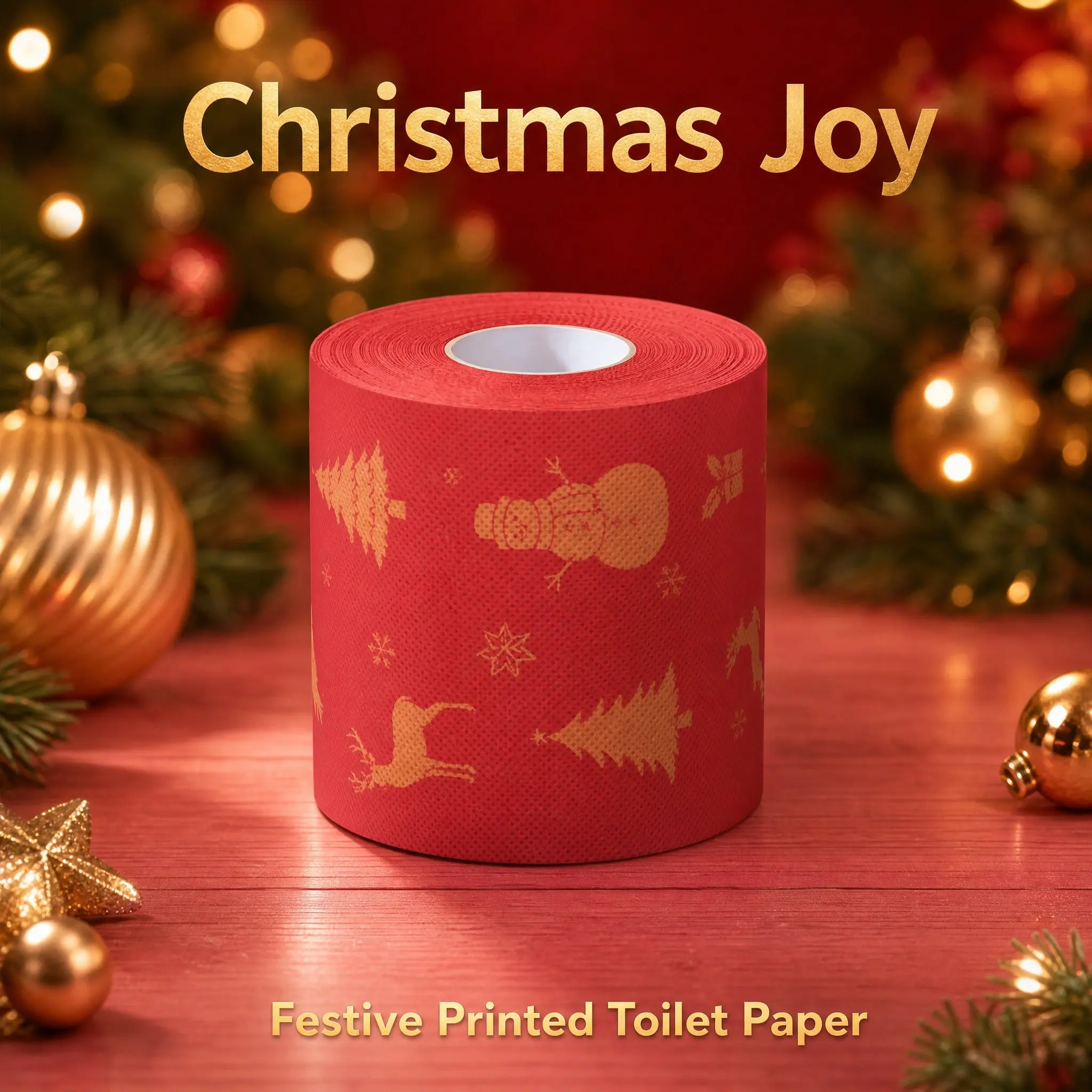 Christmas Printed Toilet Paper Roll, Red Gold Snowman Reindeer Xmas Tree Pattern Decorative Tissue, Holiday Funny Novelty Bathro