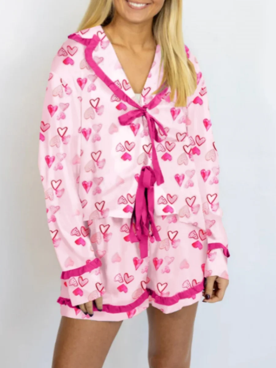 

Женский пижамный комплект на День святого Валентина, атласный галстук-бабочка спереди, пижамный комплект, рубашка с длинными рукавами и принтом в виде сердца, шорты, комплект для отдыха