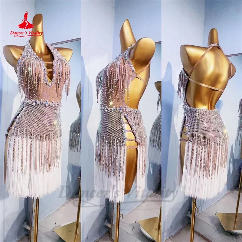 Vestido de dança latina para mulheres, traje personalizado Rumba Cha Tango, vestidos de borla profissional para adultos e crianças, saia tango