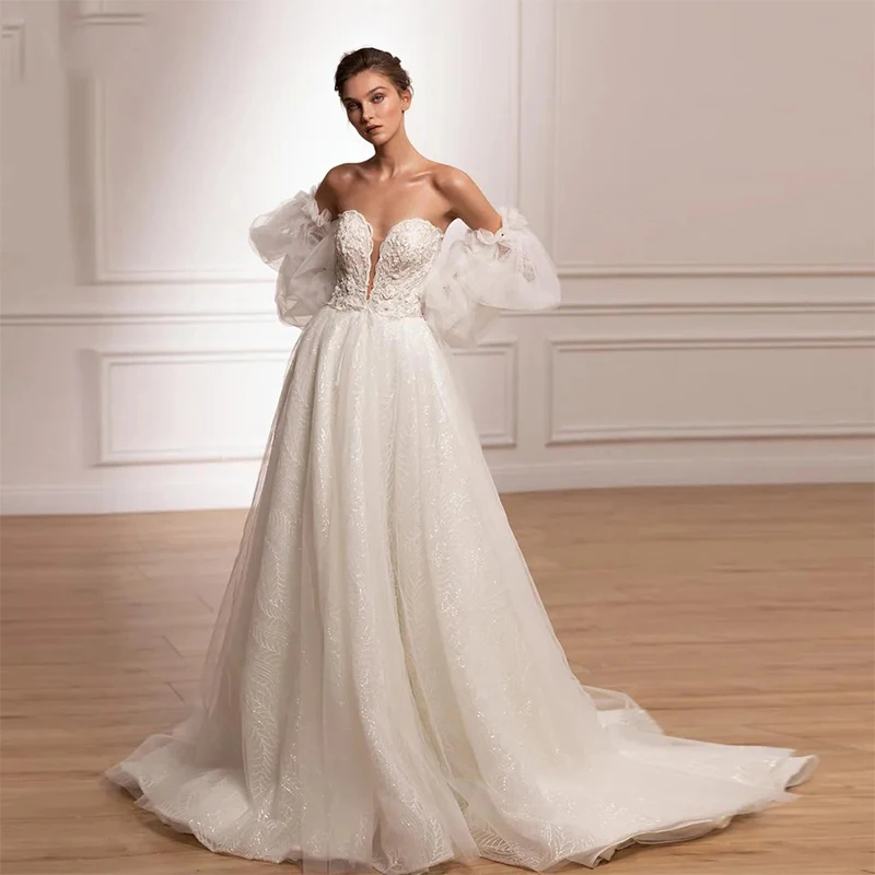 

Изящное свадебное платье из органзы с вышивкой и пайетками, А-силуэт, бальное платье, пышные рукава, без бретелек, на заказ, на молнии